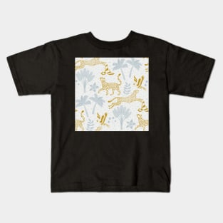 cheetahs and parrots in the jungle | bluish gray and gold | repeat pattern Kids T-Shirt